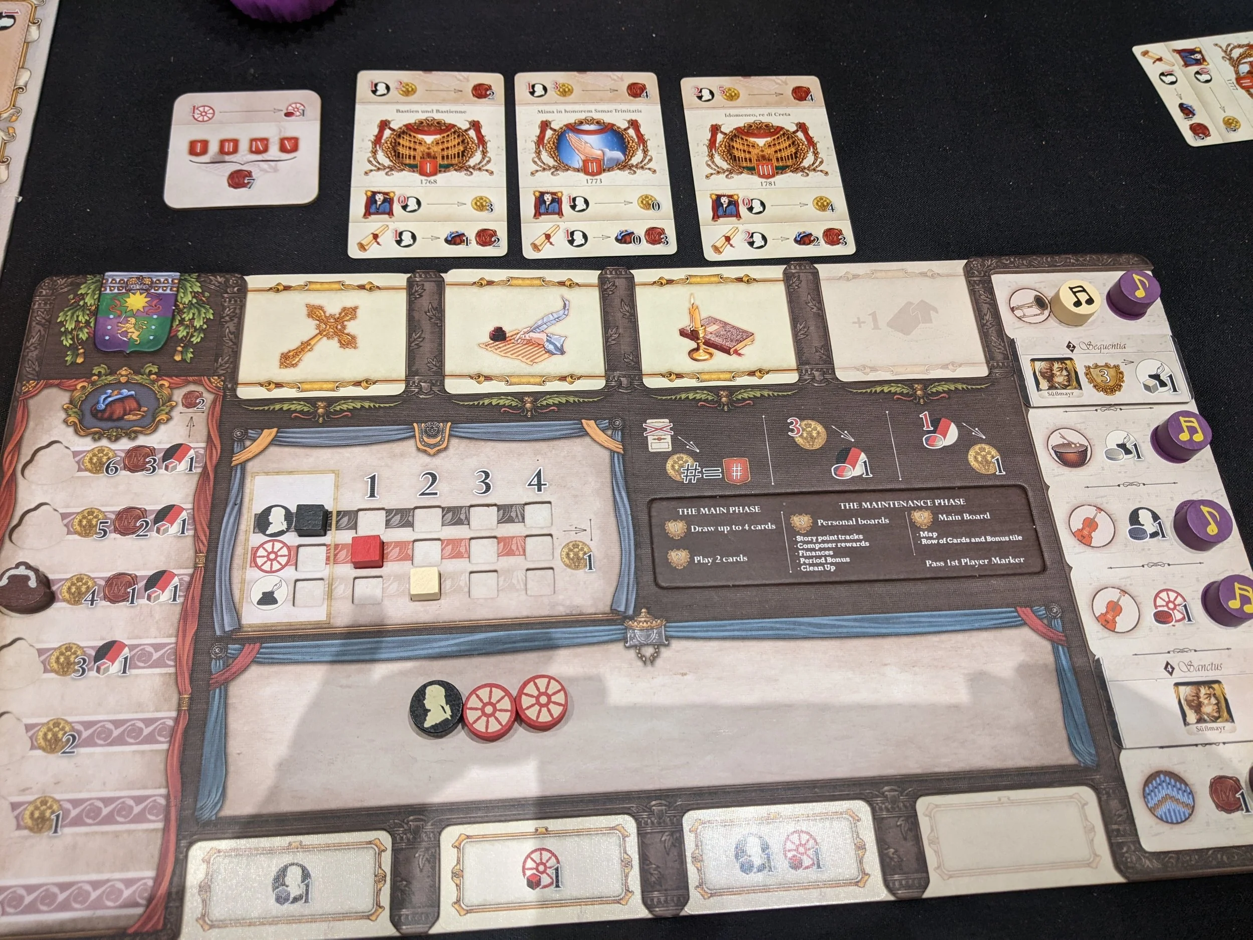 The board of a board games with tokens on it and cards above.
