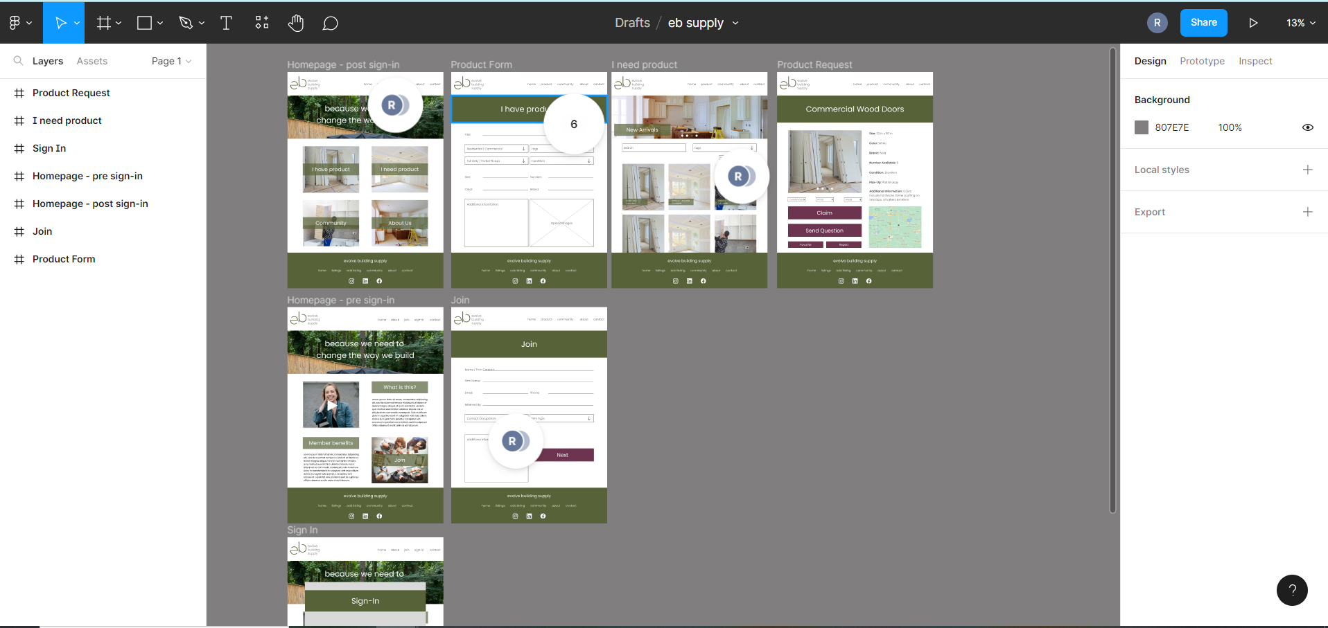 A full color prototype mock-up of a website, six panels are shown on a design board