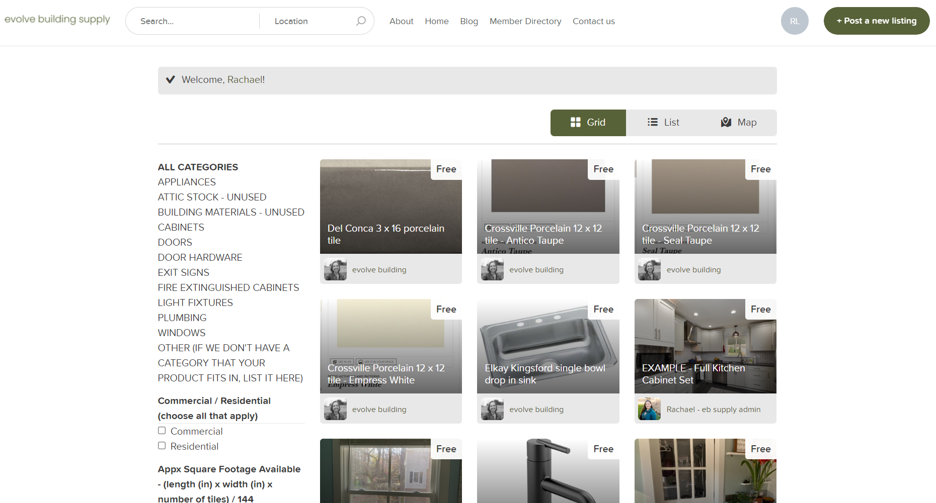 A page from a marketplace website, showing a grid of various building products