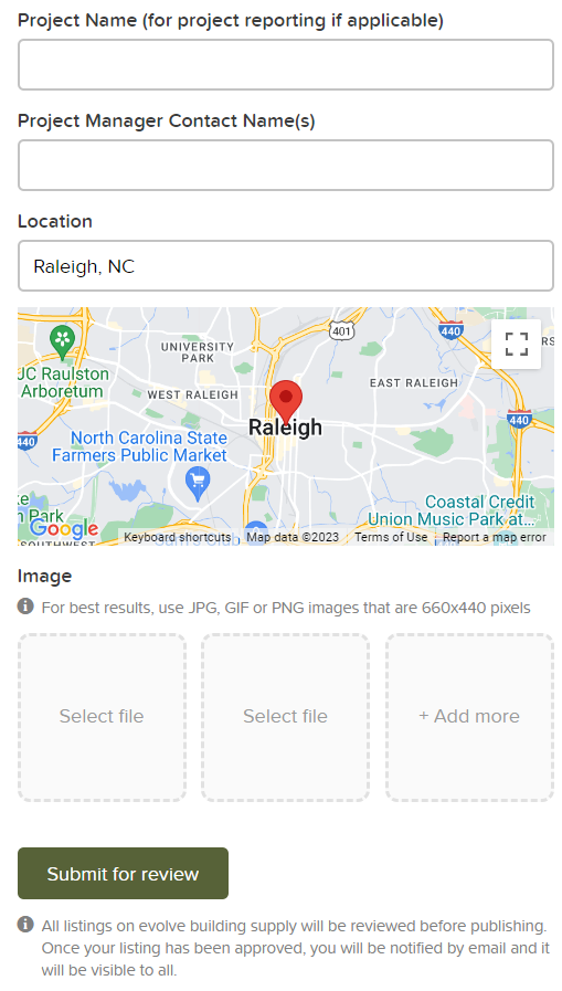 A still from a website - it shows a map at the top and then a place to upload images. Finally there is a button that says "submit for review"