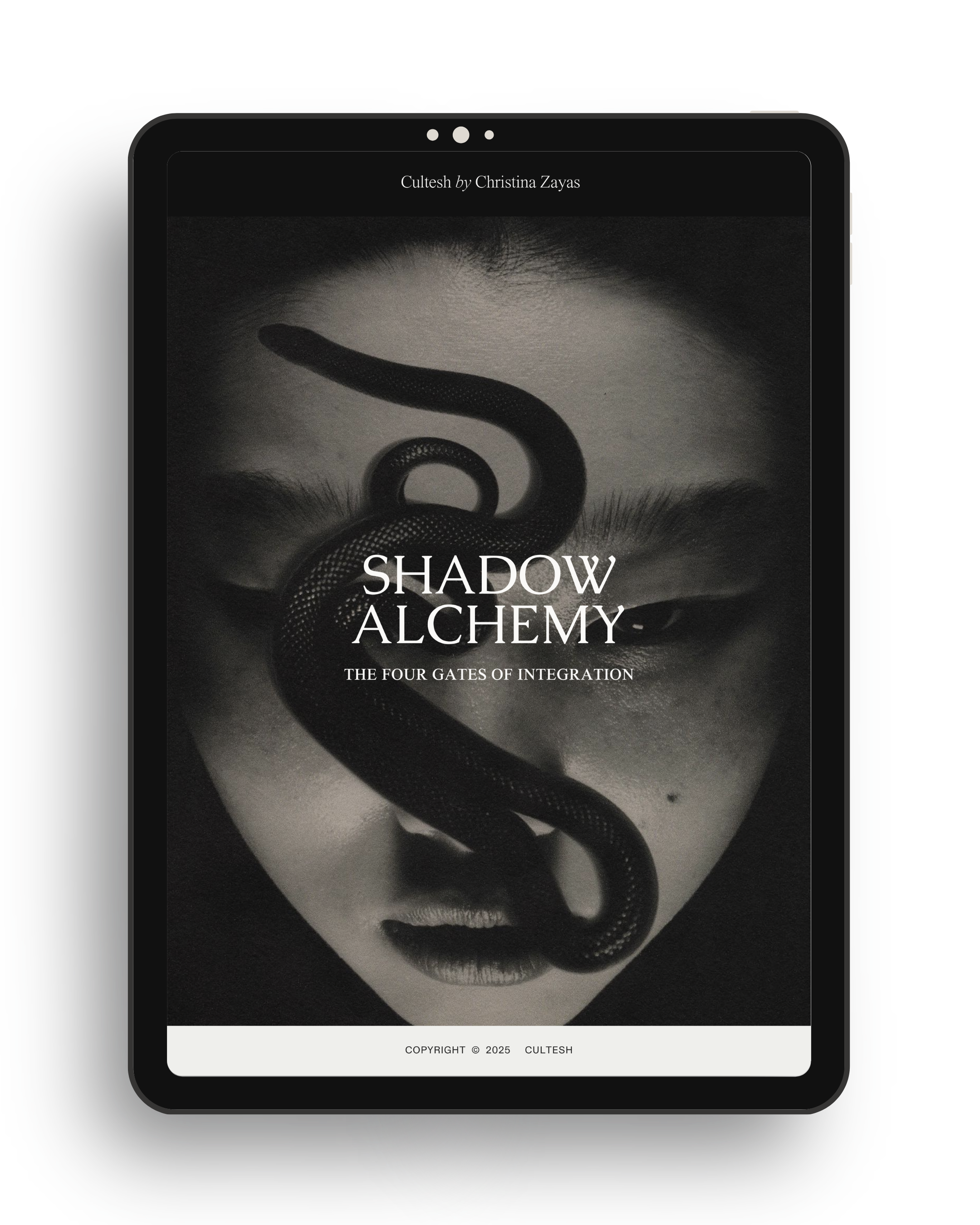 E-book cover titled 'Shadow Alchemy: The Four Gates of Integration' by Christina Zayas, featuring a black-and-white photo of a woman's face with a snake curled across her forehead and nose.