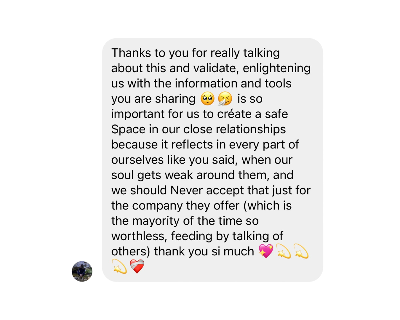A screenshot of a WhatsApp message expressing gratitude and emphasizing the importance of creating a safe space in relationships, with emojis like sad face, coughing face, heart, star, and broken heart.