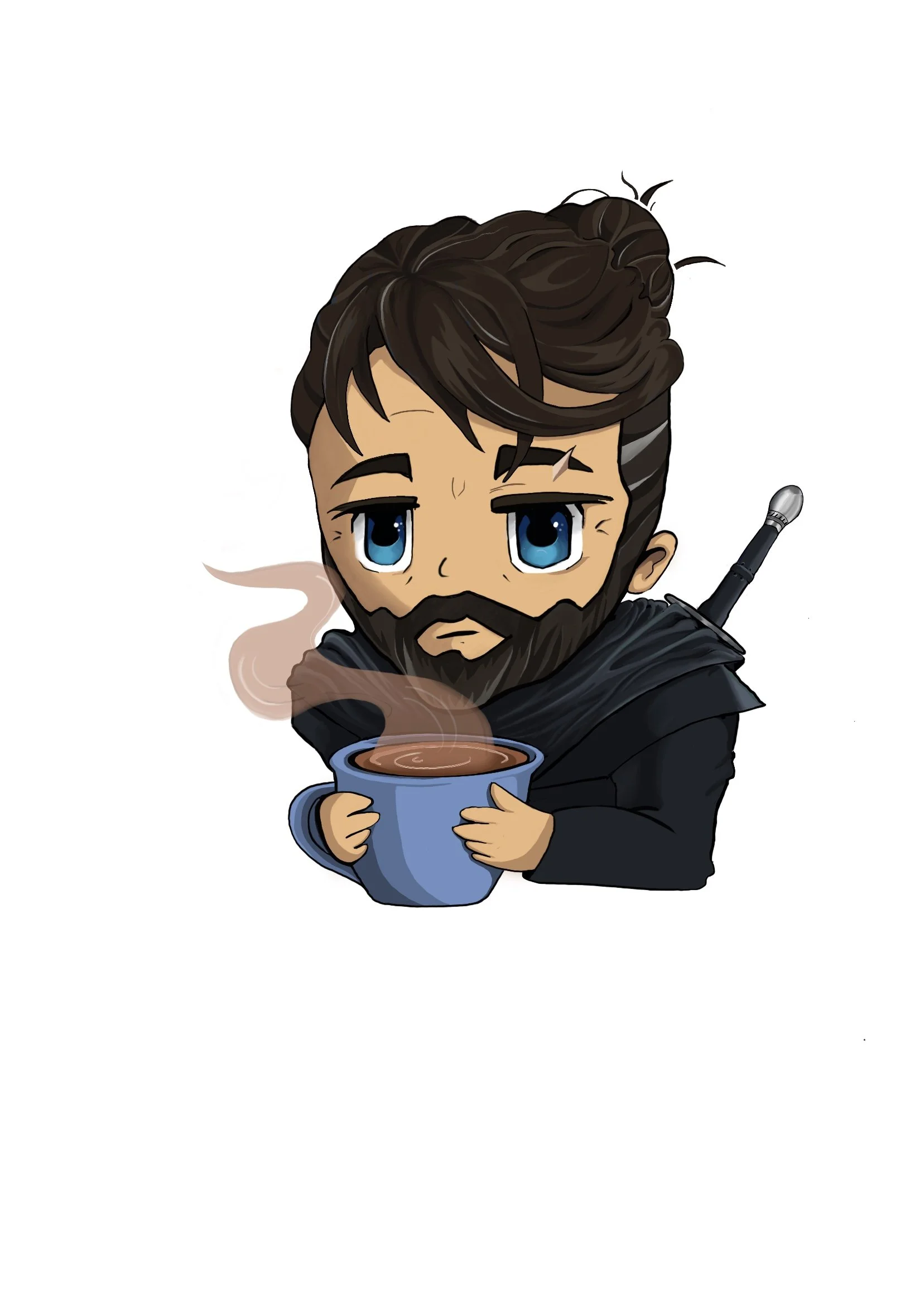 Cartoon illustration of a bearded man with large blue eyes, holding a steaming cup of coffee, wearing a black jacket and having a sword strapped on his back.