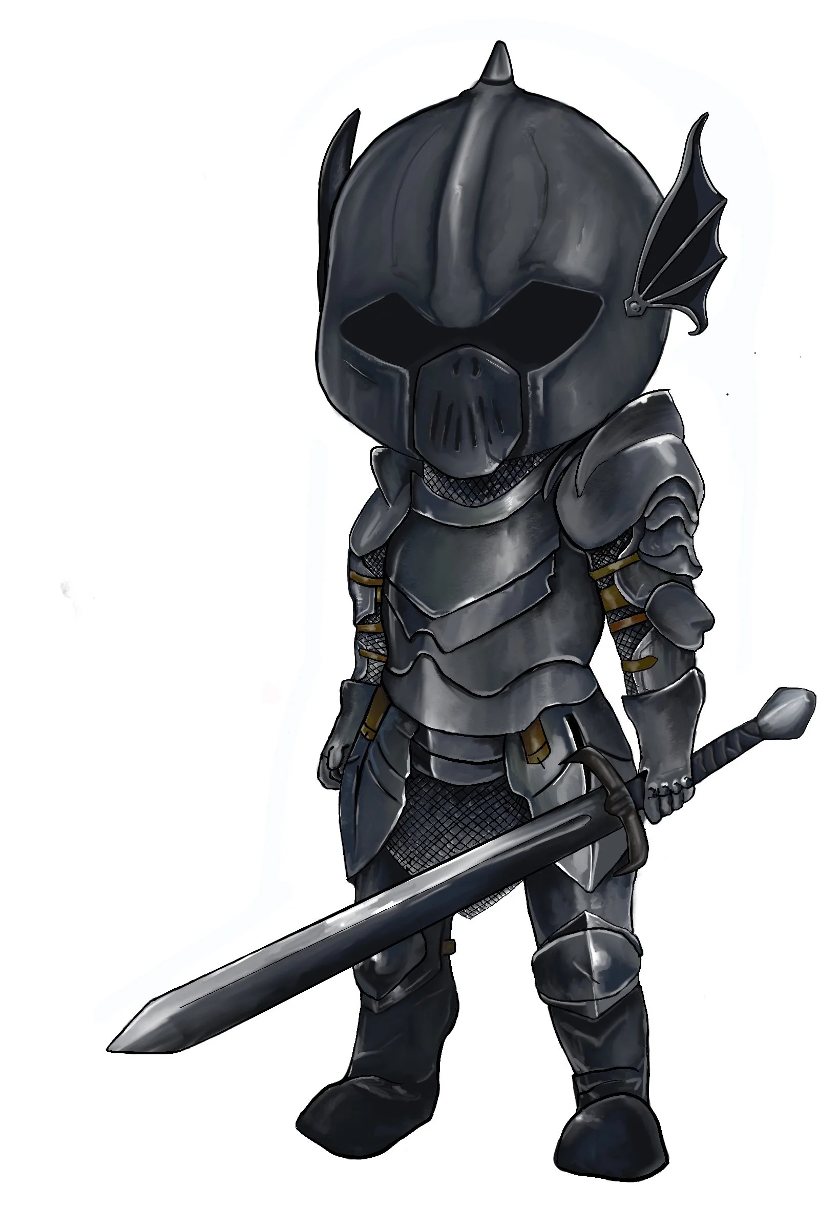 A humanoid figure in black armor with a dragon motif, including a helmet with dragon features, holding a large sword.