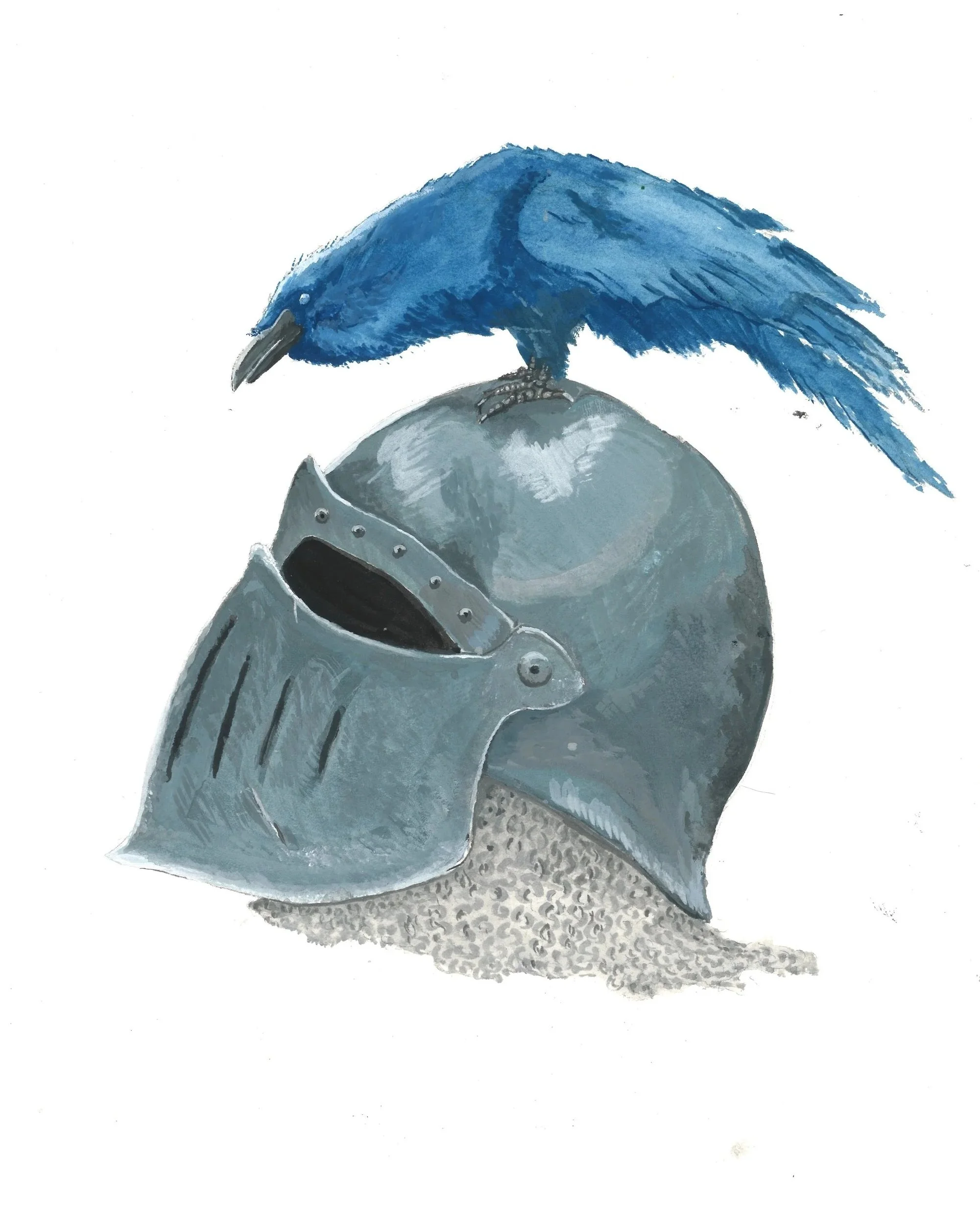 A watercolor painting of a blue bird perched on a gray knight's helmet, with a white background.