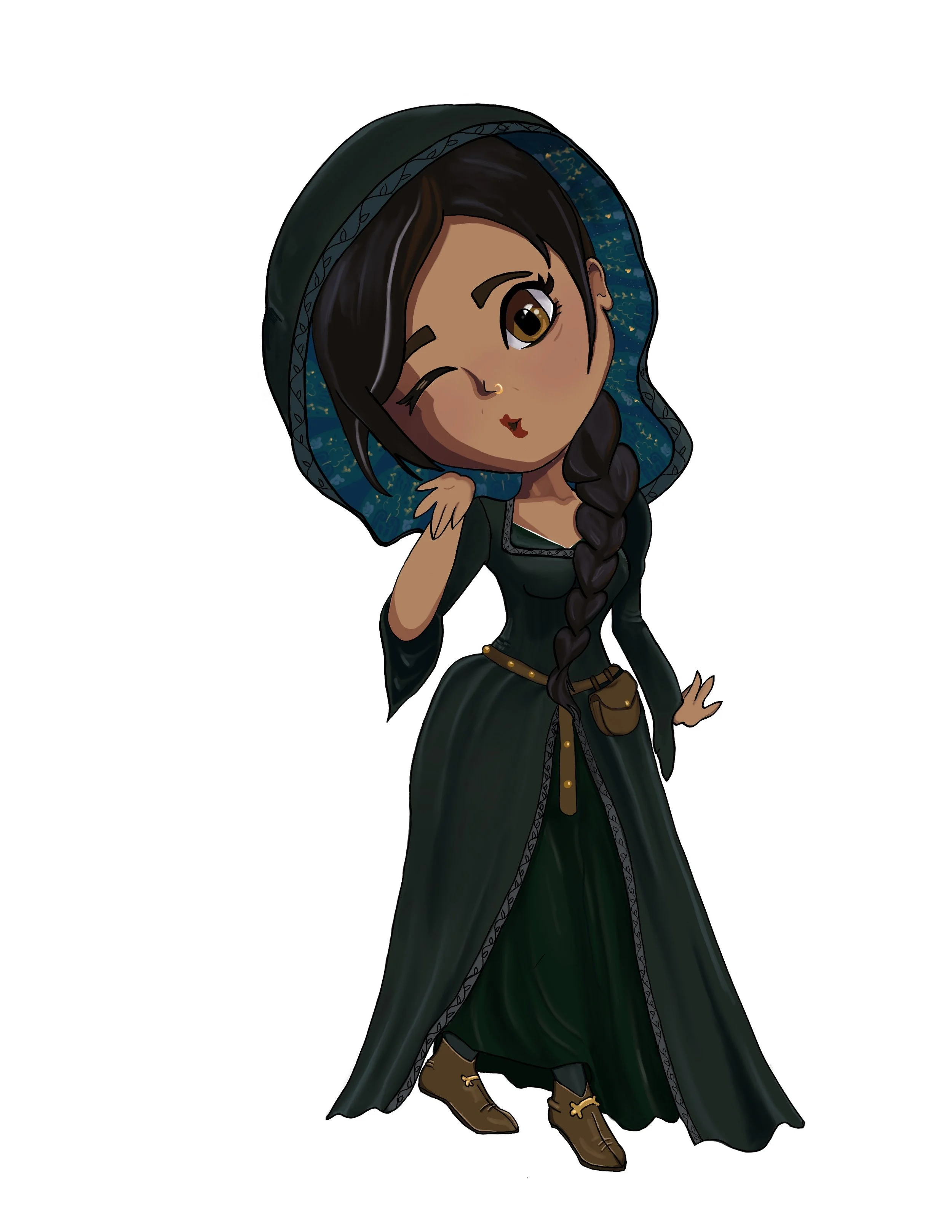 Cartoon woman with long dark braid in a medieval fantasy outfit, wearing a dark green hooded cloak with decorative trim, a matching dress. She's standing in a confident pose blowing a kiss.