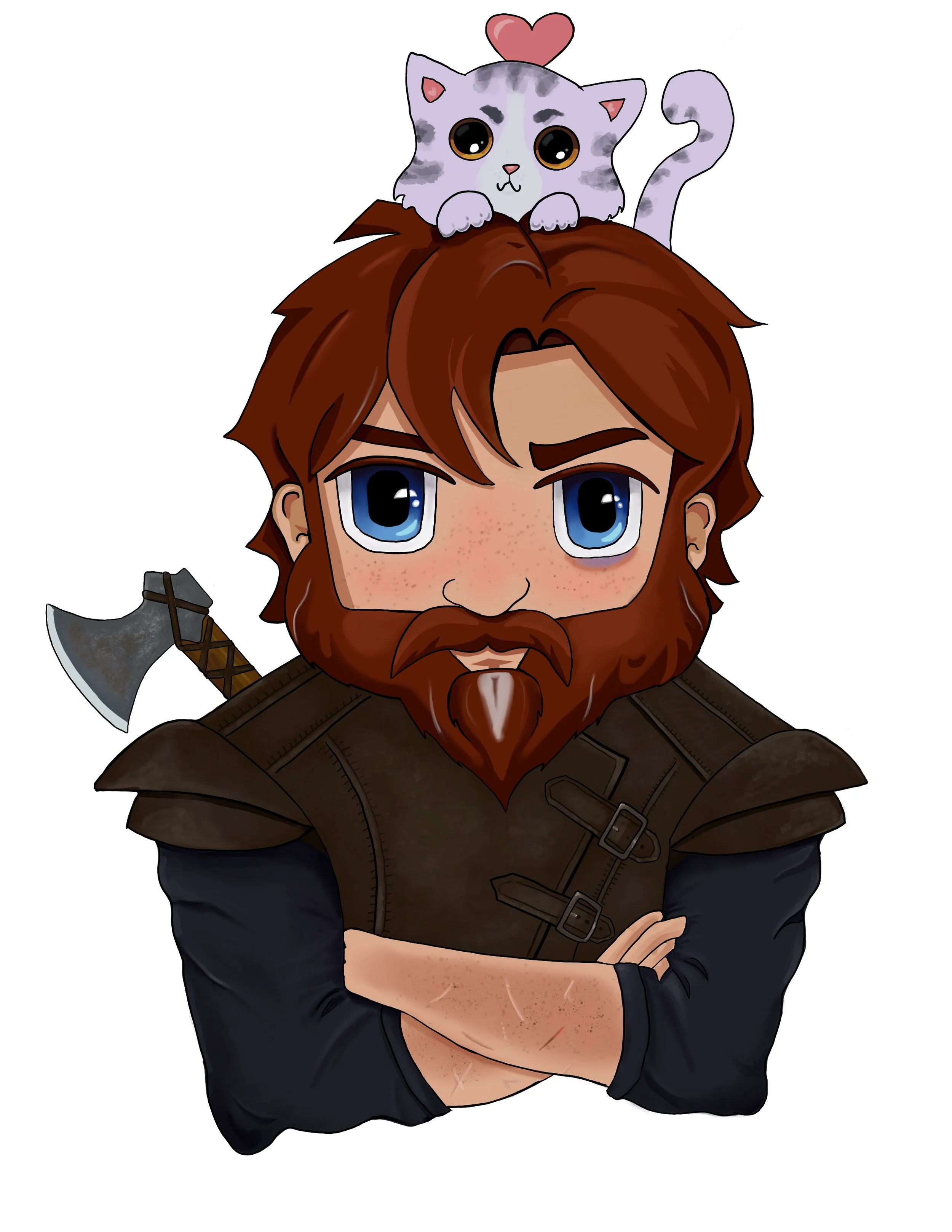Cartoon of a man with a beard, wearing a dark leather jacket, crossing his arms, with a wolf-like fantasy axe on his back, and a cute gray tabby kitten with big expressive eyes sitting on his head with a small red heart above it.