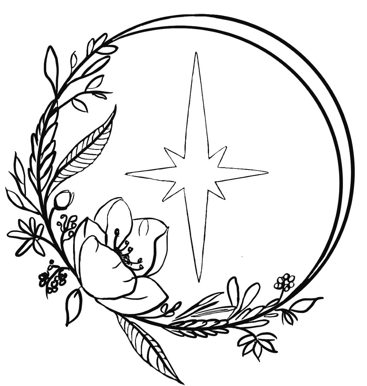 Black and white outline of a circular emblem with a large star at the center, surrounded by floral and leafy decorations.