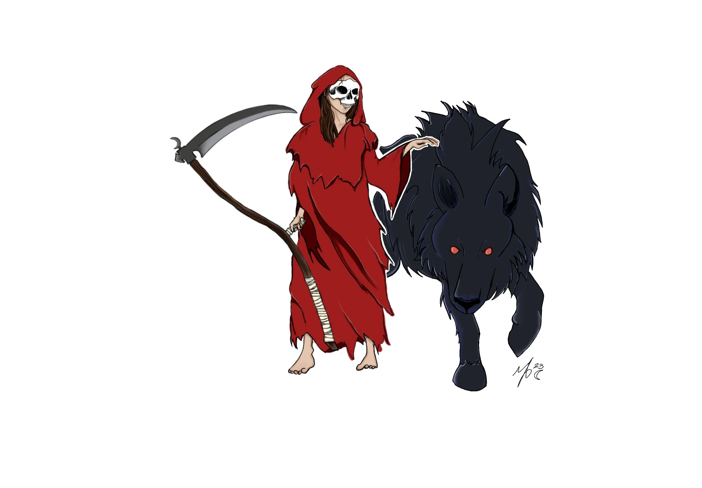 A person dressed as the Grim Reaper wearing a red hooded cloak, with a skull face, riding a black wolf with glowing red eyes. The scythe held by the Reaper is leaning to the side.
