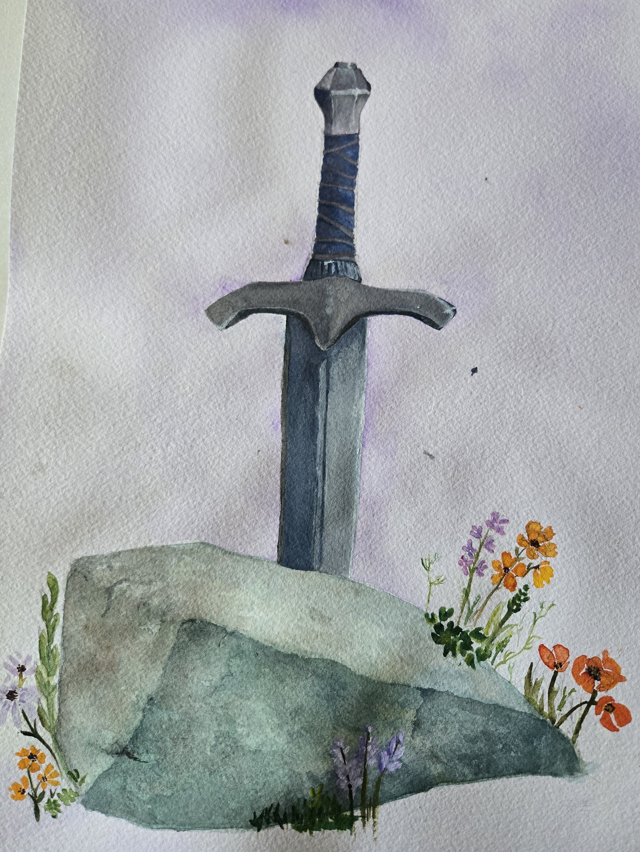 Watercolor painting of a sword with a gray blade, a gray hilt, and a dark blue and gray wrapped handle, placed upright on a gray rock, with colorful flowers and green foliage surrounding it on a light-colored background.