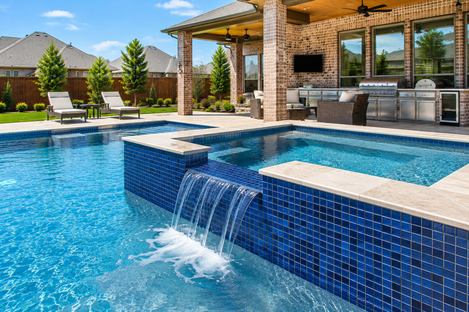 Raised spa with blue mosaic tile and cascading waterfall flowing into a custom backyard pool in Celina, Texas.
