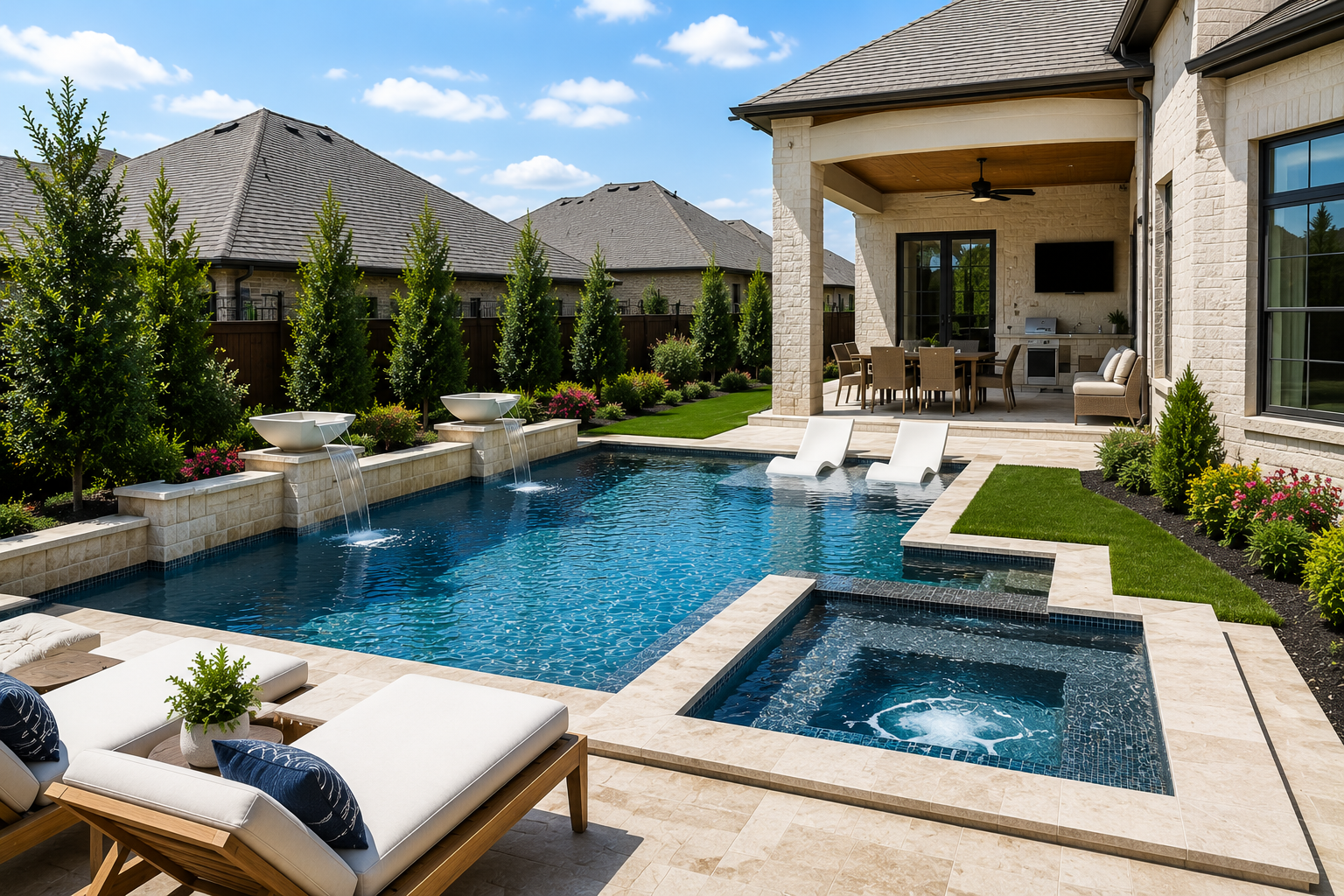 Modern custom pool with integrated spa, tanning ledge, water features, and covered outdoor living area in Prosper, Texas.