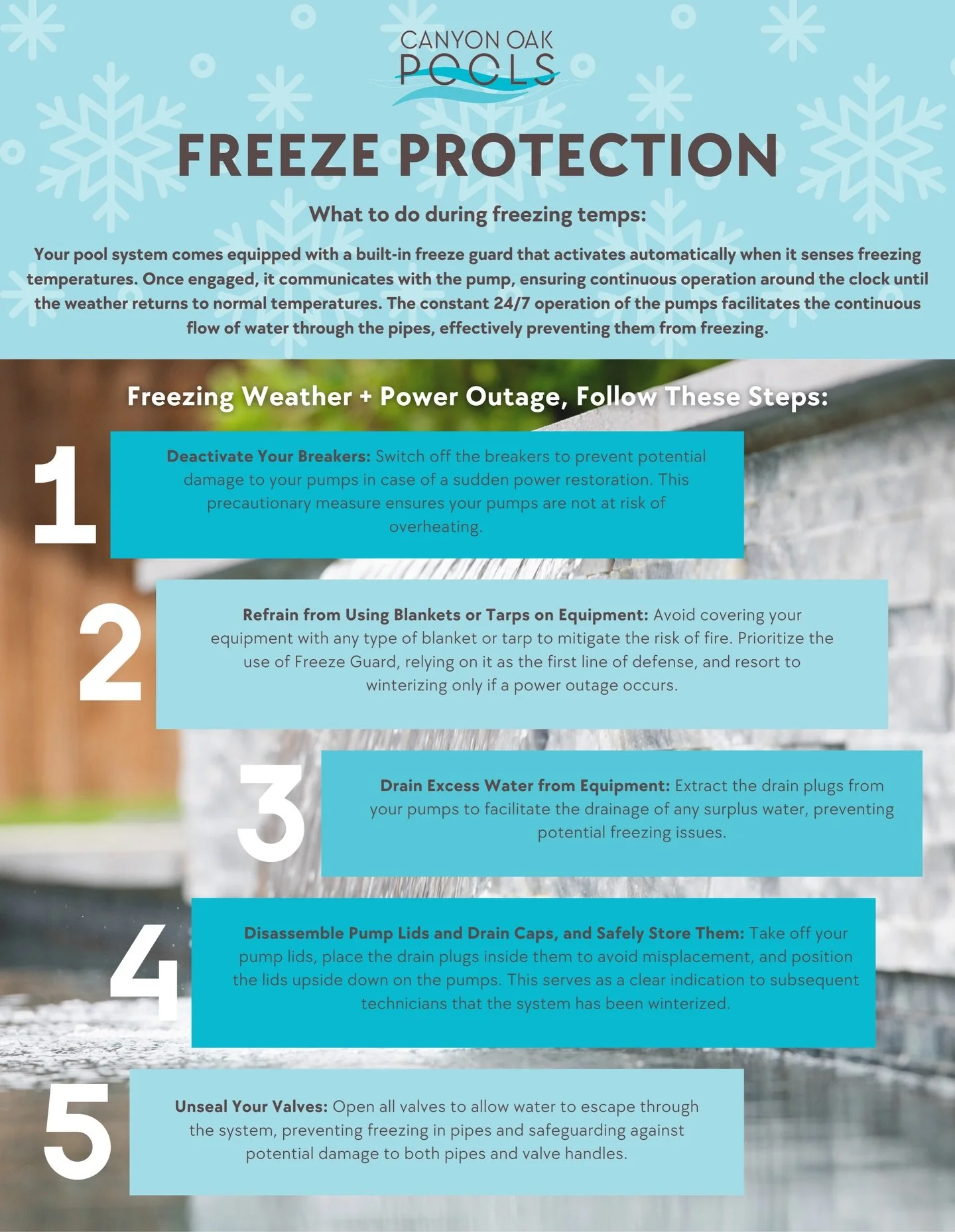 It&rsquo;s that time of year again 😵&zwj;💫😵&zwj;💫

The great news is, unless you lose power, your Canyon Oak pool is already freeze-ready! 

In the case that your home does lose power, follow the instructions below to protect your pool and equipm