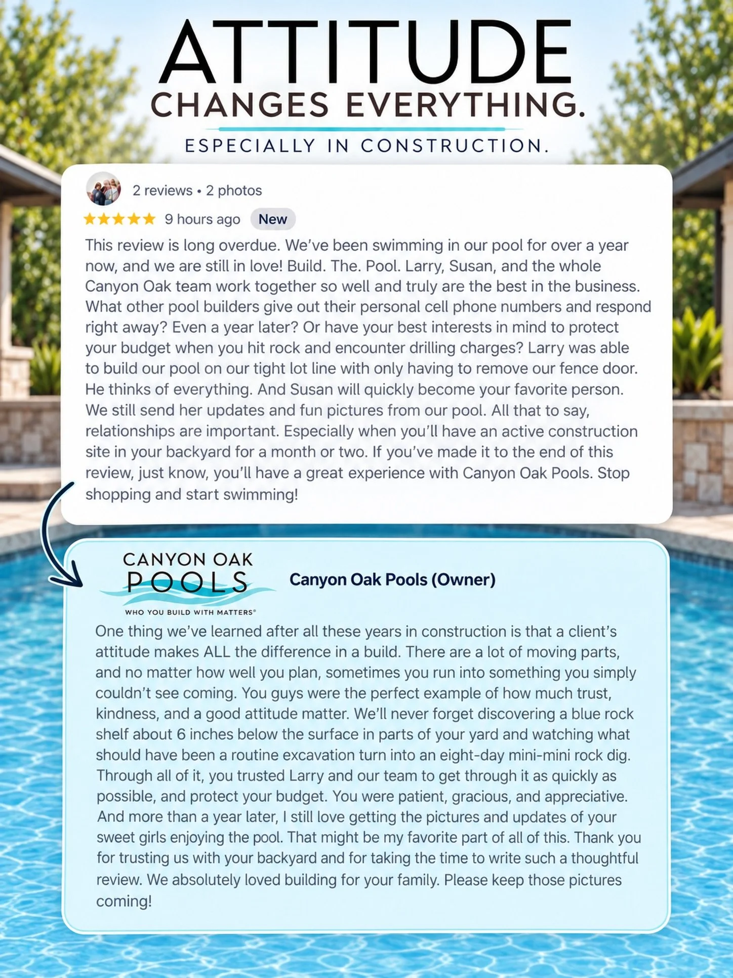 Custom pool builds are MASSIVE construction projects - with thousands of variables interacting at once. The builder you choose will have a huge impact on the way these variables come together, but there will occasionally be moments that even the best