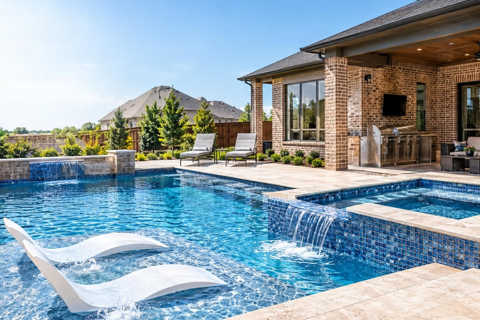 Modern custom pool with raised spa, waterfall, and covered outdoor living area in Celina, Texas.