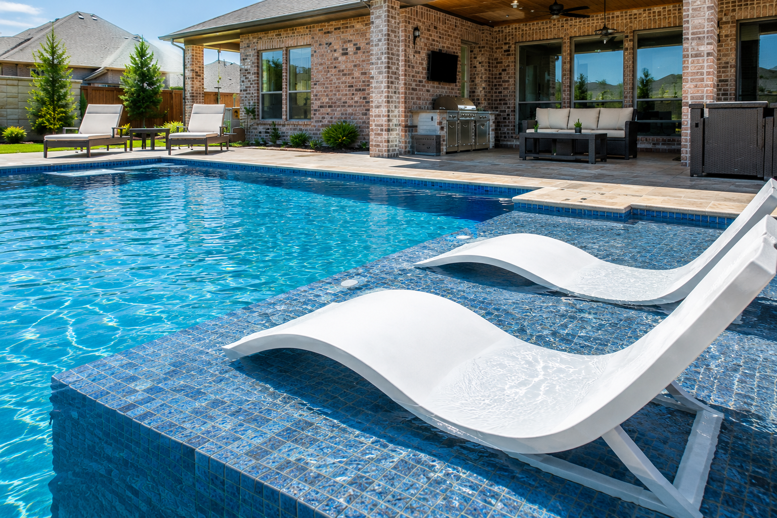 Custom pool tanning ledge with two white in-pool loungers and blue mosaic tile in Celina, Texas.