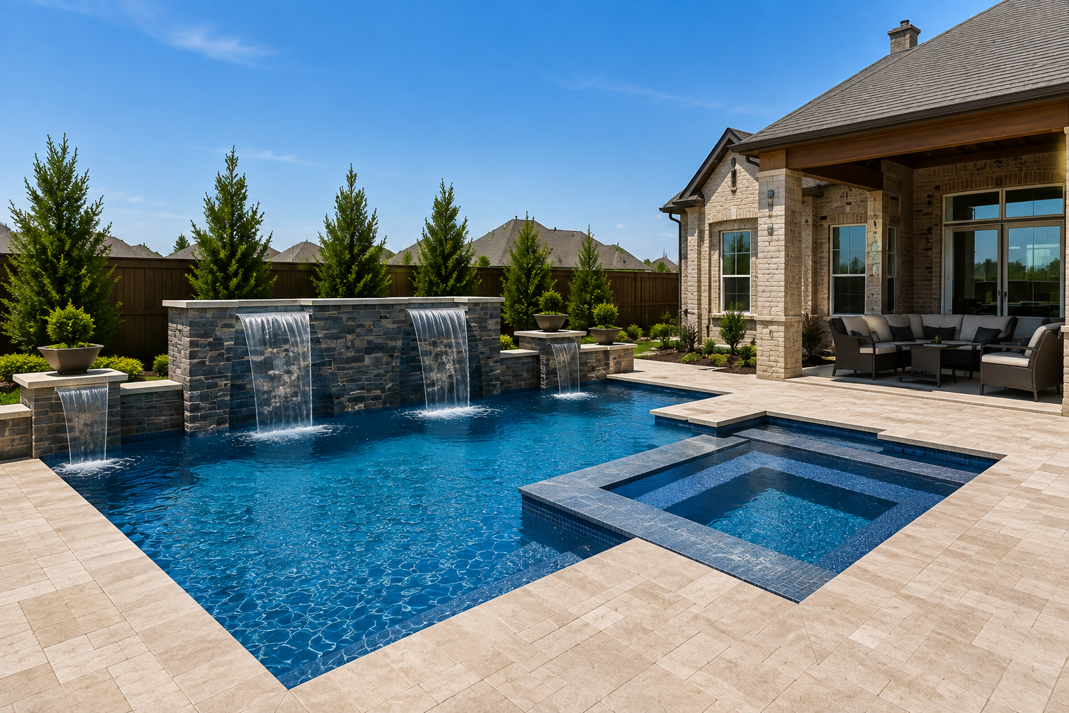 Luxury custom pool with raised spa, multiple water features, and covered patio in Prosper, Texas.