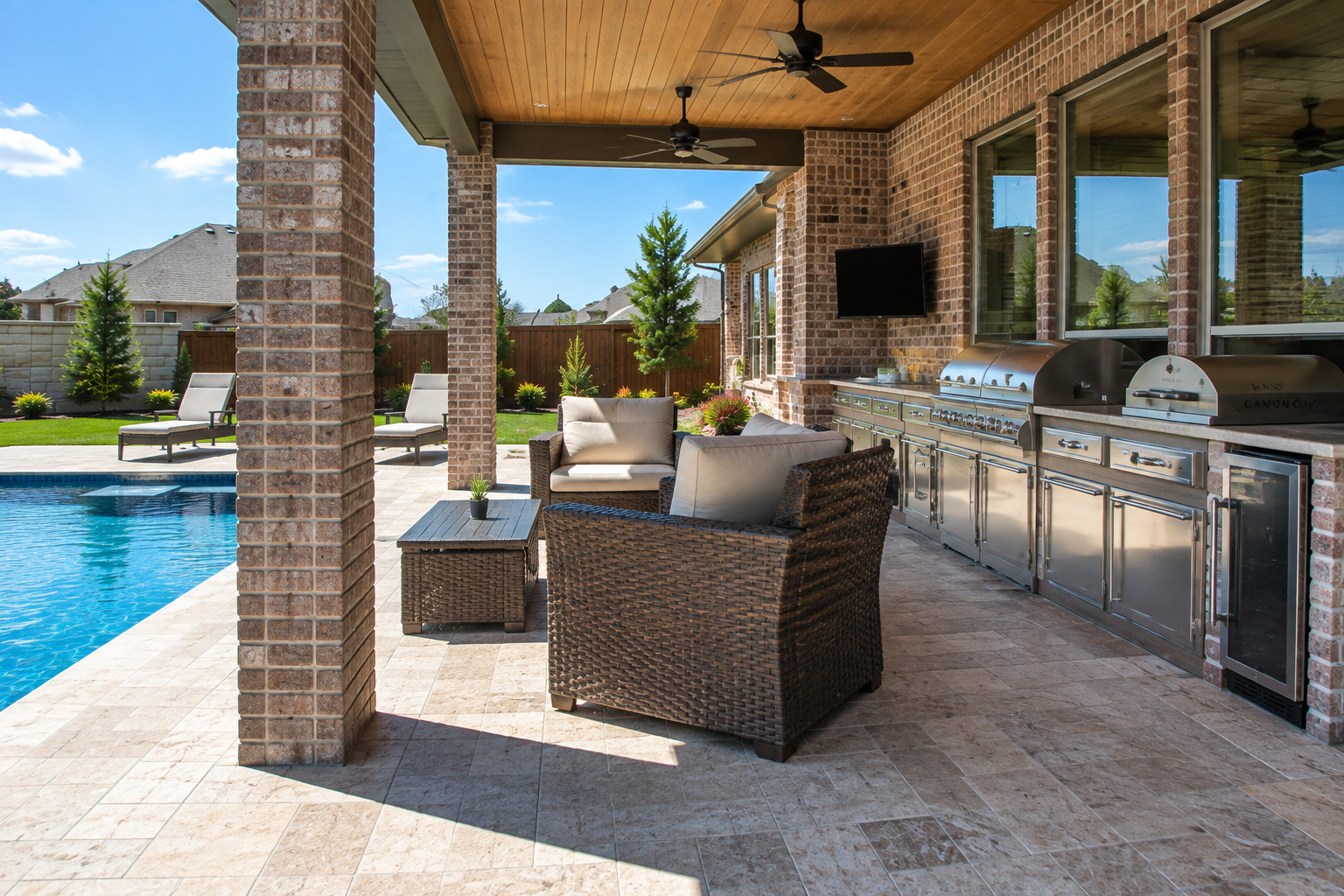 Covered poolside patio with outdoor kitchen, seating area, and view of a custom pool in Celina, Texas.