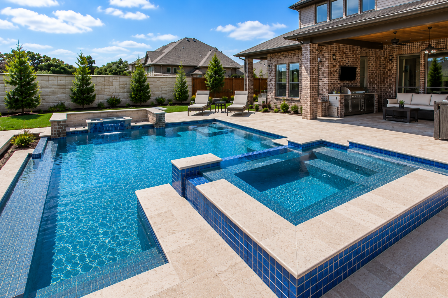 Modern custom backyard pool with raised spa, waterfall, blue tile, and covered patio in Celina, Texas.