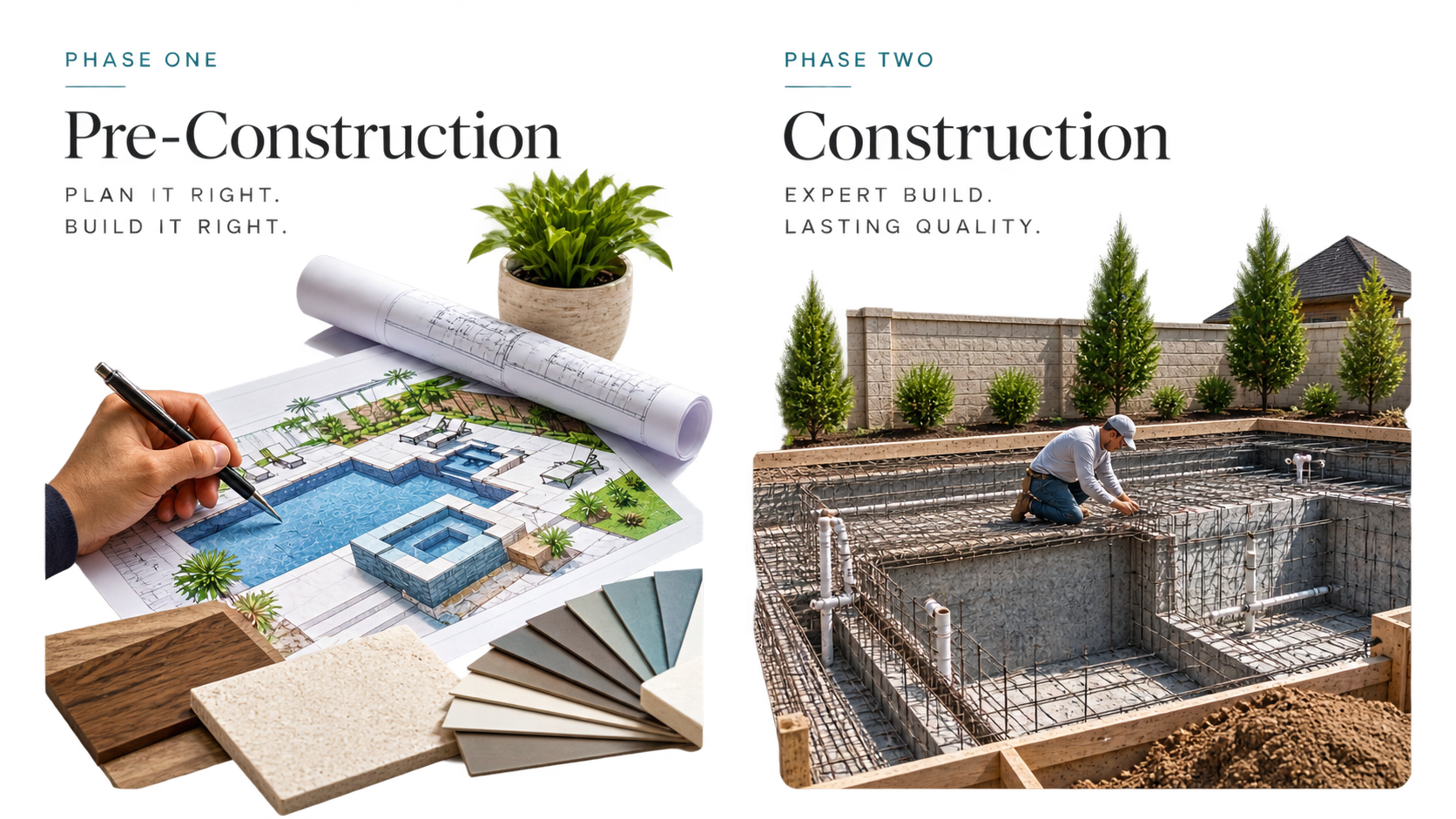Pool construction timeline showing pre-construction planning and pool construction phases