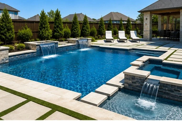 Modern custom pool with multiple waterfalls, raised spa, and stone decking in Prosper, Texas.