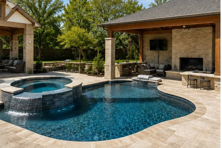 Custom backyard pool and spa with covered outdoor living area and fireplace in Prosper, Texas.