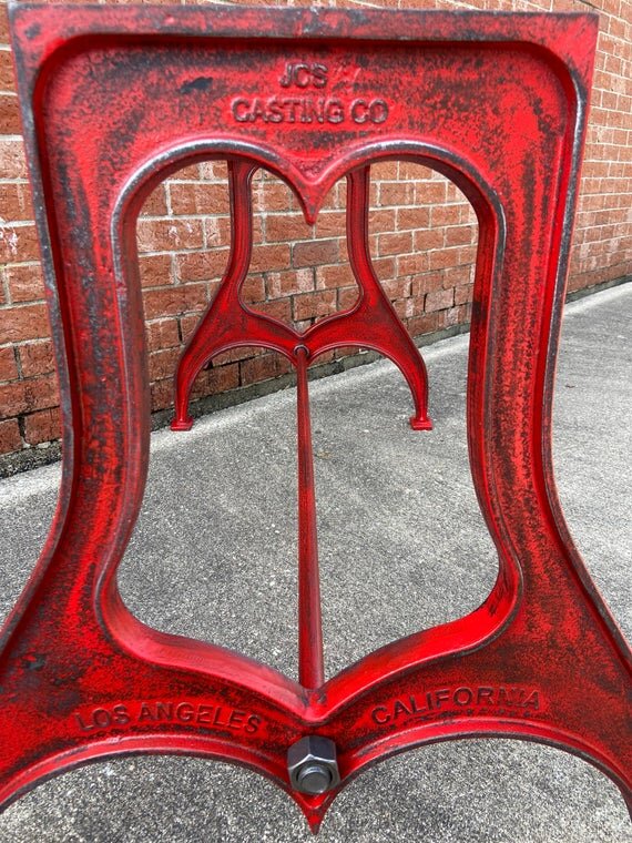 28" Cast Iron Dining Table Base in Rustic Red with Los Angeles Embossment close up side image