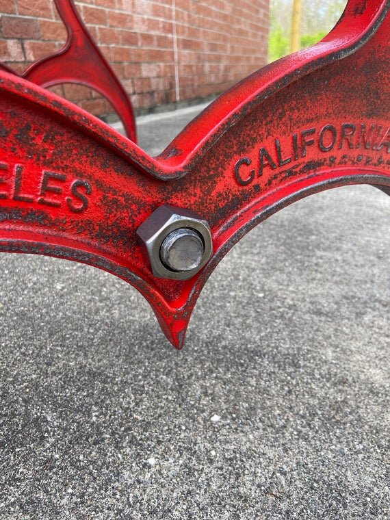 28" Cast Iron Dining Table Base in Rustic Red with Los Angeles Embossment bolt image