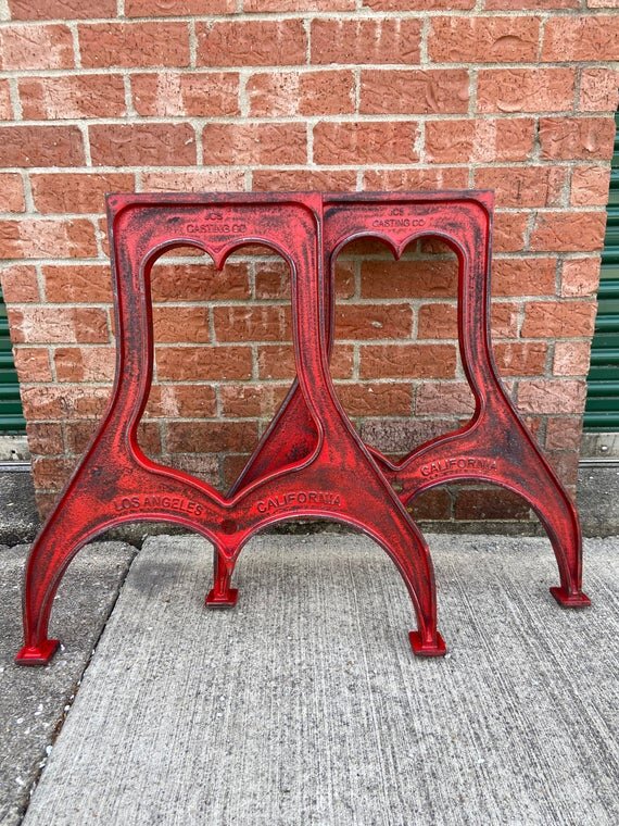 28" Cast Iron Dining Table Base in Rustic Red with Los Angeles Embossment both sides image