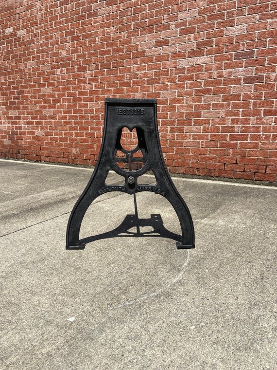 28" Cast Iron Dining Table Base in Rustic Black with Plymouth Mass Embossment one side image