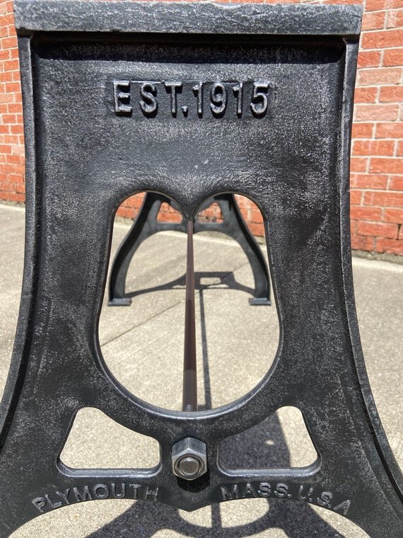 28" Cast Iron Dining Table Base in Rustic Black with Plymouth Mass Embossment close up side image