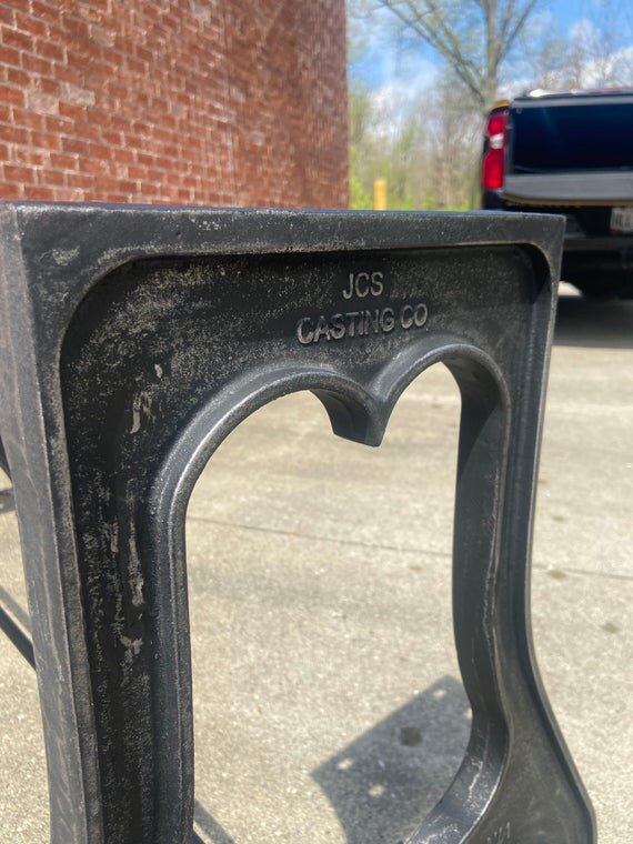28" Cast Iron Dining Table Base in Rustic Black with Los Angeles Embossment close up top side image