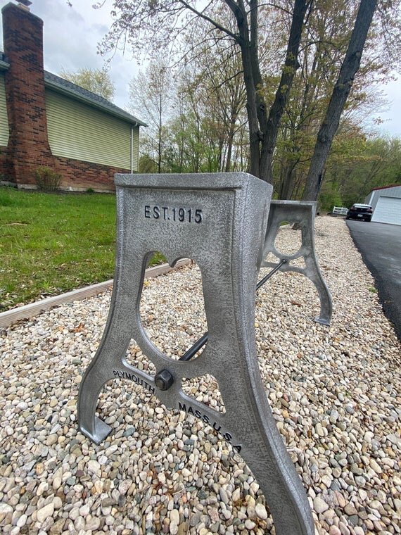 28" Cast Iron Dining Table Base in Rustic Chrome with Plymouth Mass Embossment side front image
