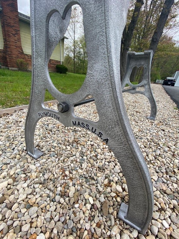 28" Cast Iron Dining Table Base in Rustic Chrome with Plymouth Mass Embossment close up side image