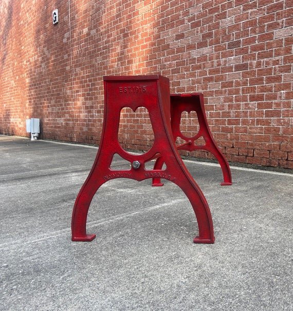 28" Cast Iron Dining Table Base in Rustic Red with Plymouth Mass Embossment angled side image