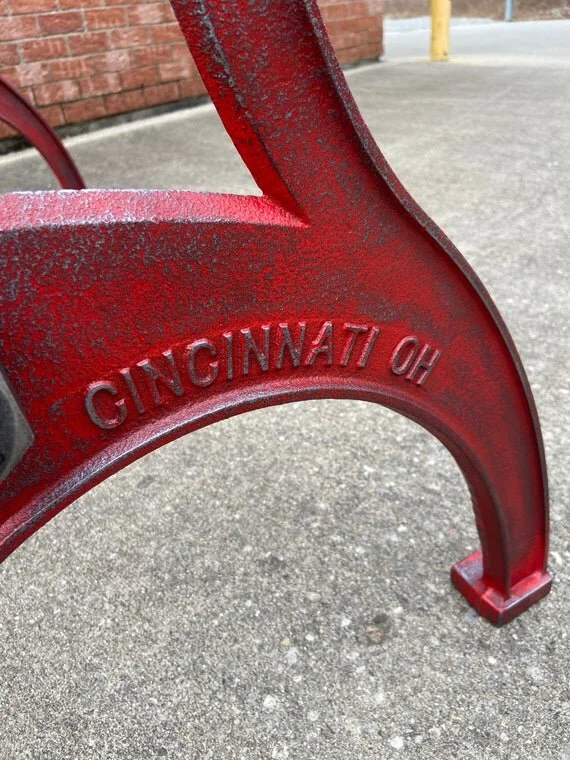 34” Cast Iron Counter/Island Table Base in Rustic Red with Cincinnati Embossment bottom leg
