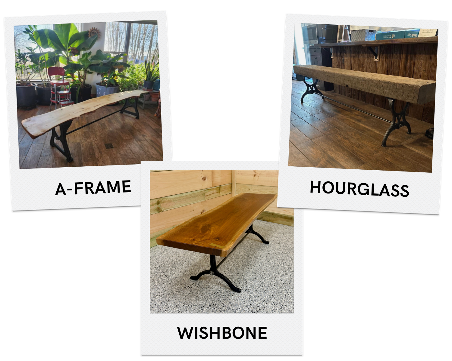 JCS cast iron bench legs in A-Frame, Hourglass, and Wishbone styles under wood tops