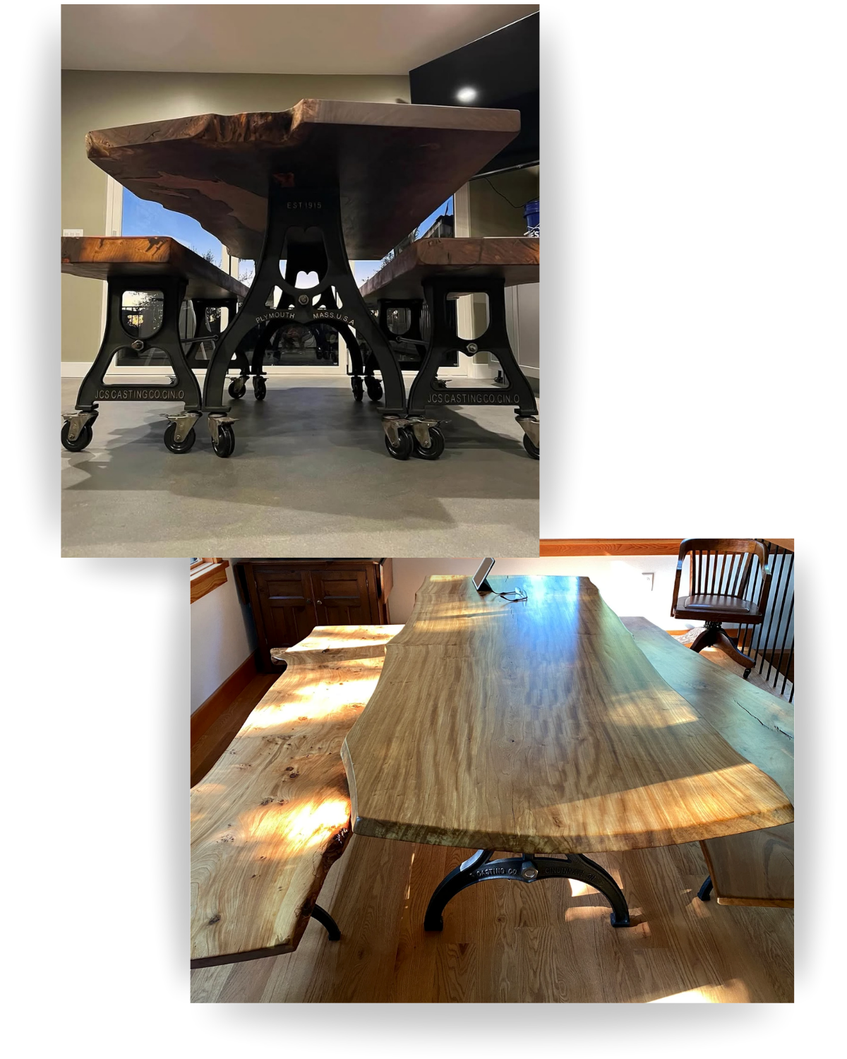 Live edge dining tables and matching benches on black cast iron bases, one set on casters