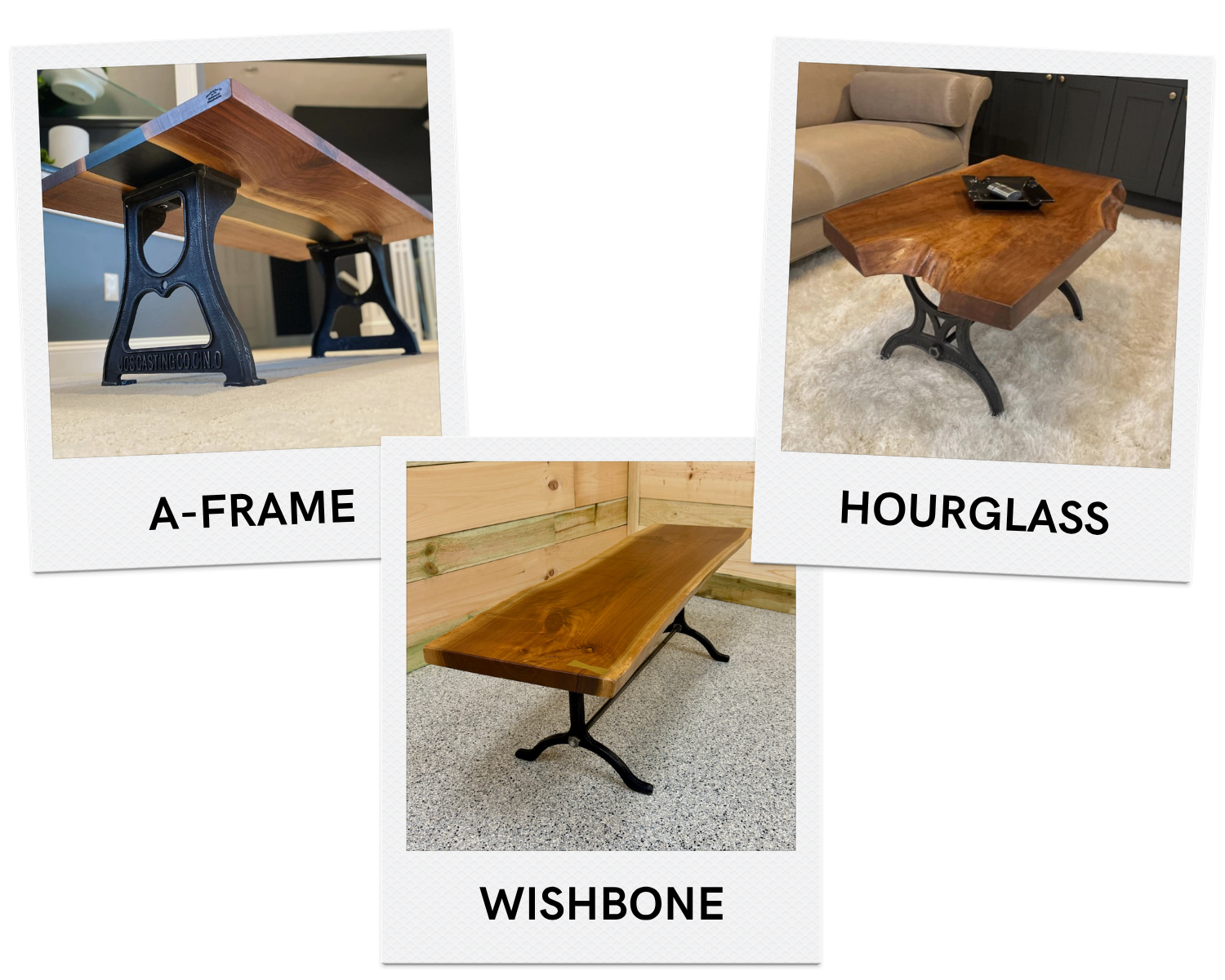 JCS cast iron coffee table legs in A-Frame, Hourglass, and Wishbone styles under wood tops