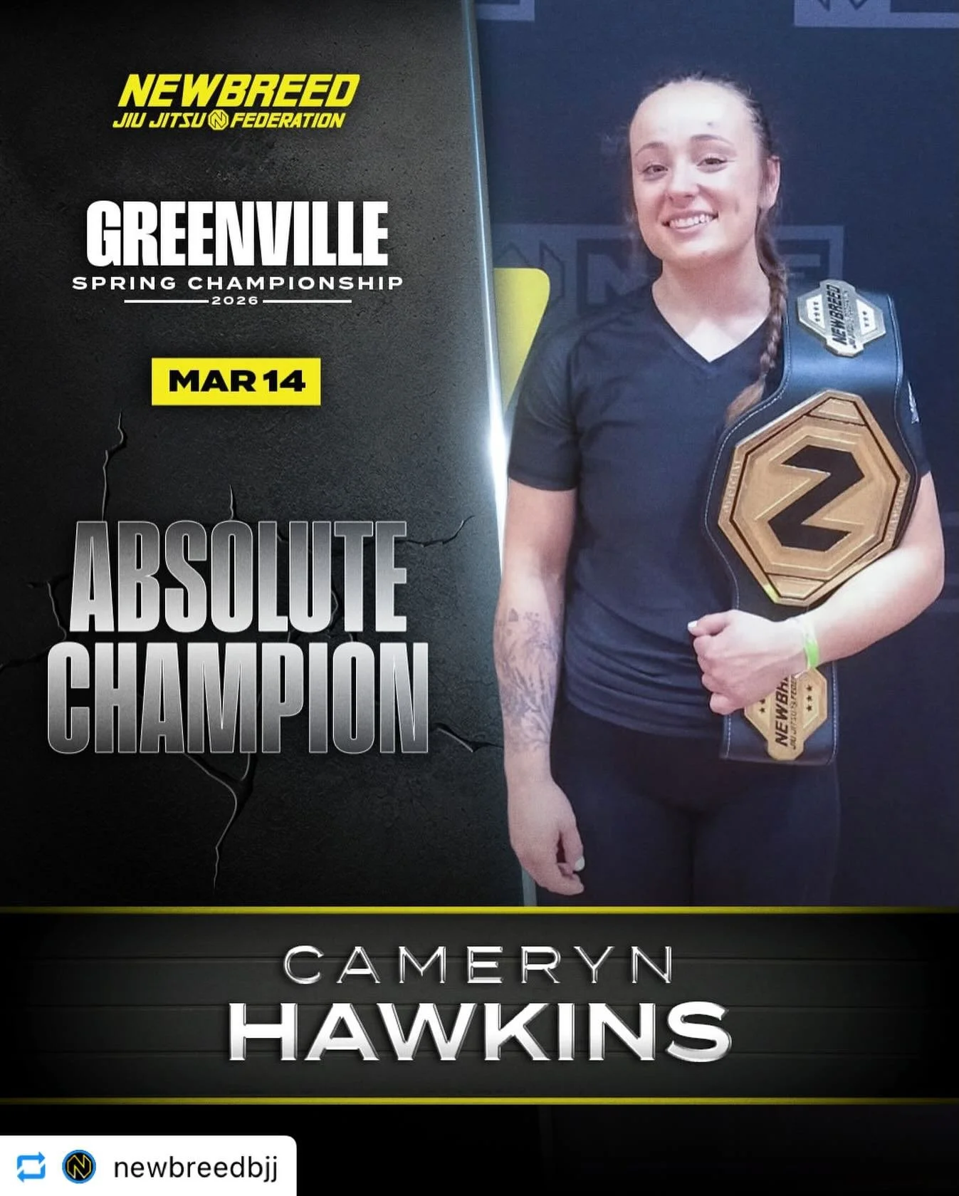 @camerynhawk 👑🔥
🥇Cameryn Hawkins is the Greenville Spring Championship Women&rsquo;s Absolute Champion!

Drop some respect for a great performance this weekend.👇

#NJJF #NewbreedBJJ #bjj #NewbreedNation #newbreedbjj NewbreedJiuJitsu BJJCompetitio