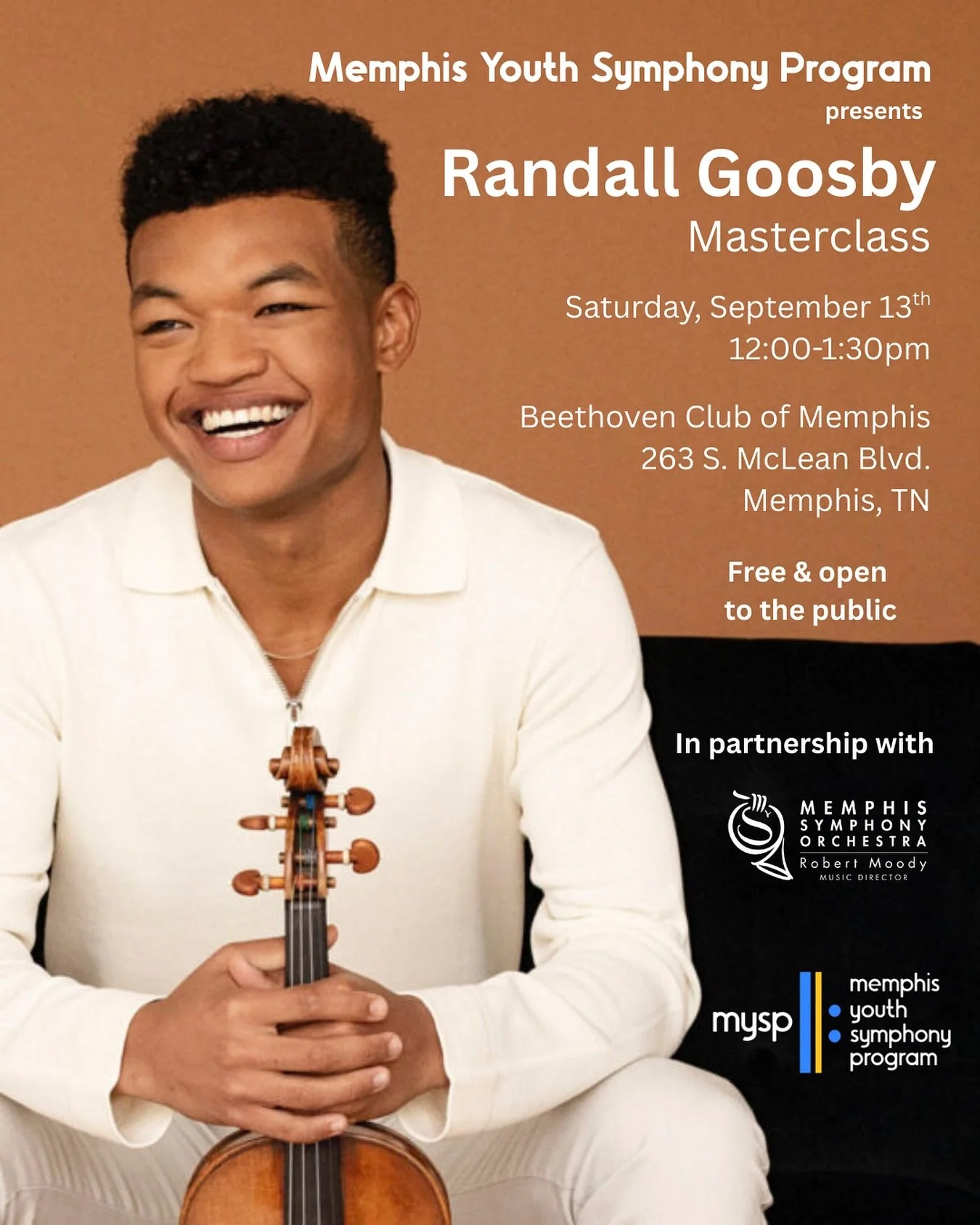 📣 ATTENTION MYSP students, families, and supporters! 

We&rsquo;re thrilled to welcome violinist, and former MYSP student, Randall Goosby for a masterclass this Saturday, September 13th, from 12-1:30pm at the Beethoven Club, featuring selected MYSP 