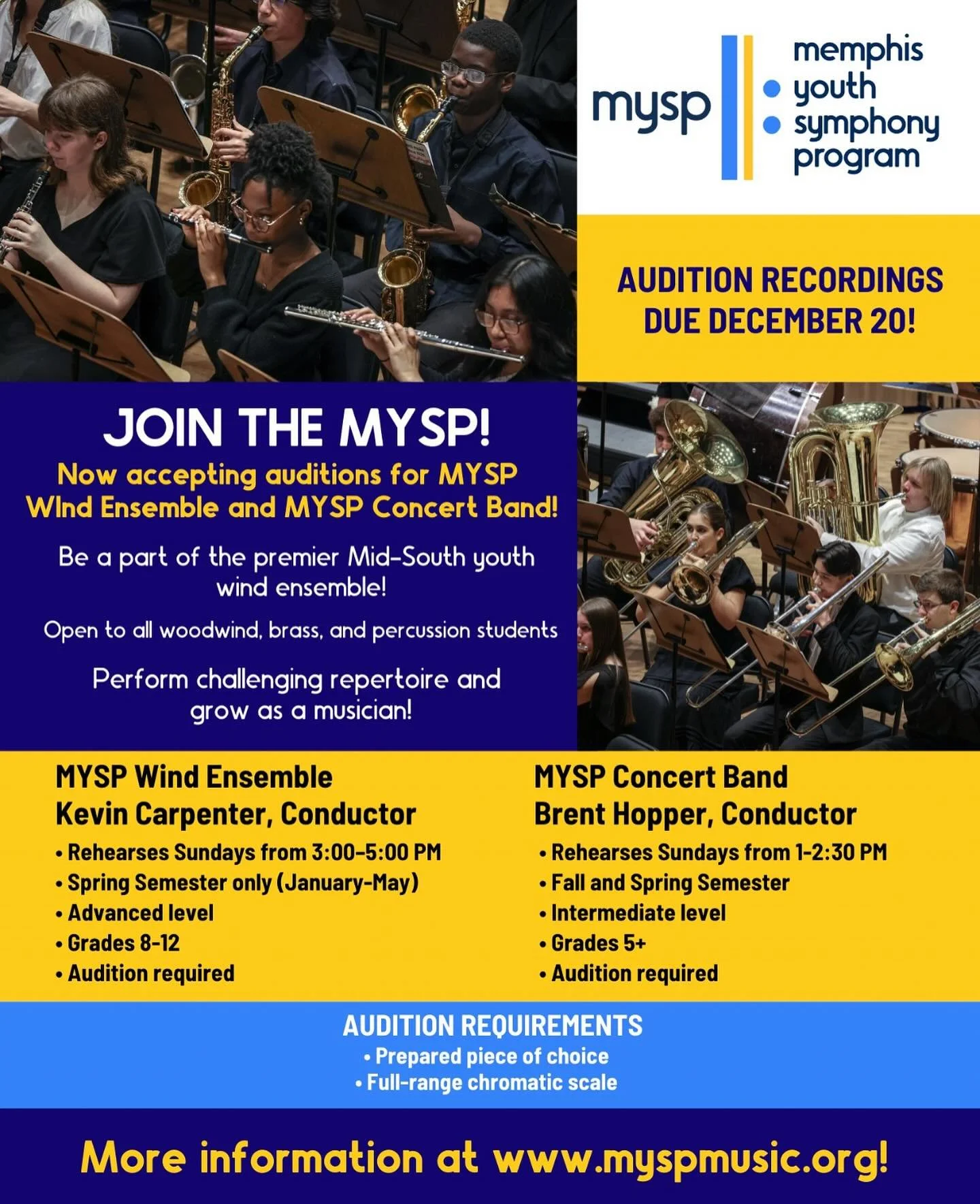 Calling all woodwind, brass, and percussion players! MYSP is now accepting auditions for our spring ensembles! 🎺🥁🎶

Be a part of the premier Mid-South area youth wind ensemble, play exciting and challenging repertoire, and join a community of over