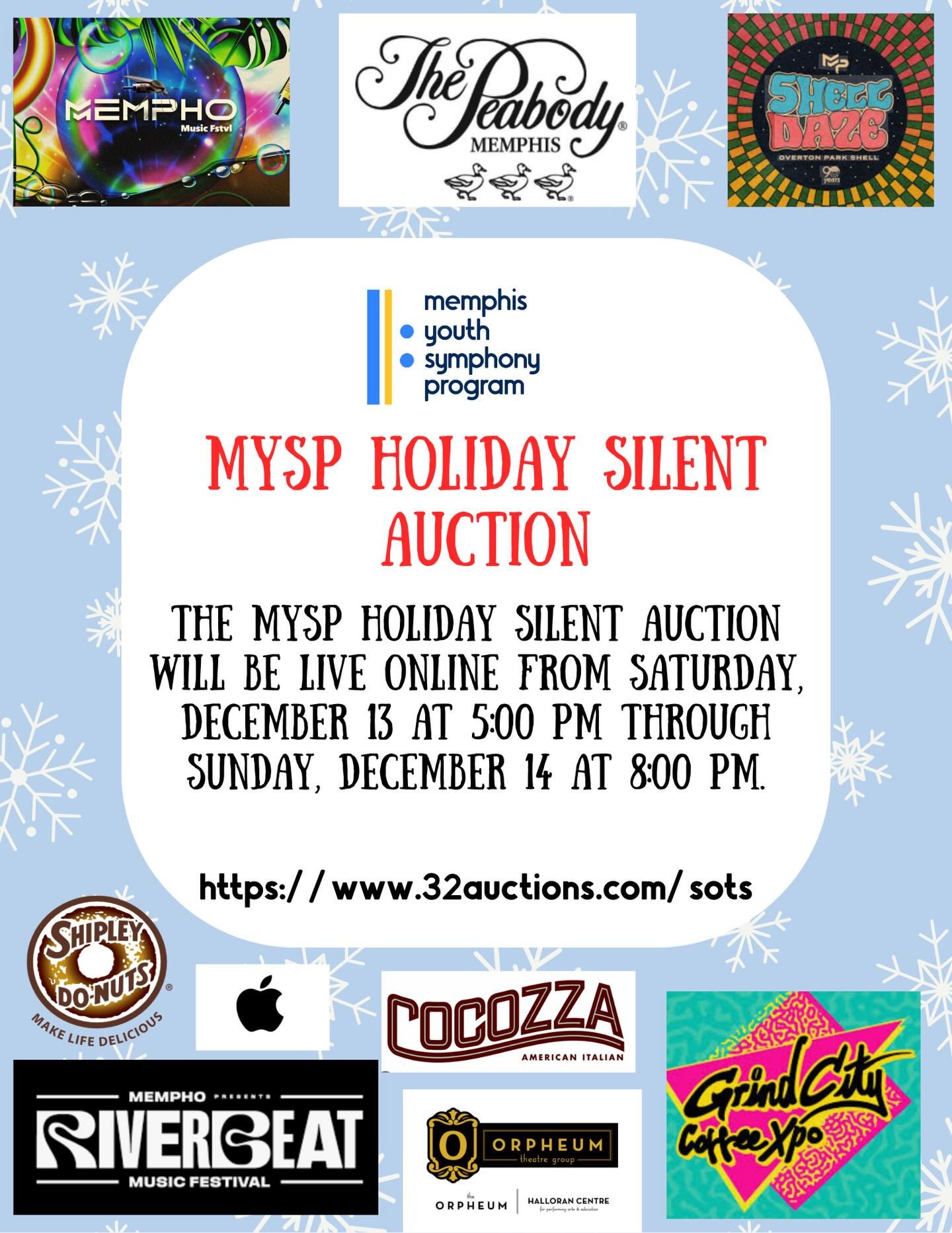 Our Sounds of the Season concerts will also feature a holiday silent auction! Items include music lessons, gift cards to local restaurants, original artwork, handmade gifts, a Peabody Hotel overnight stay with dinner at Chez Philippe, student-made gi