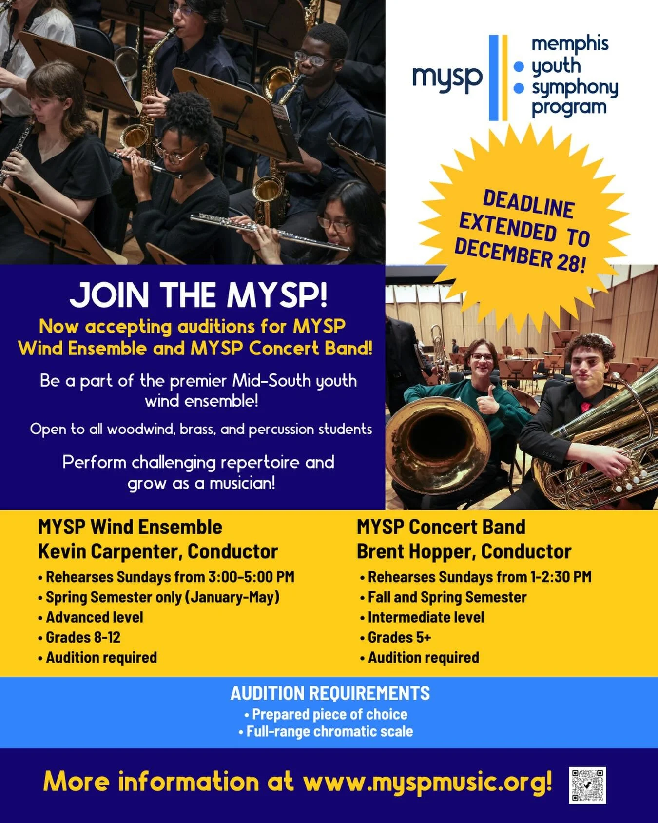 The audition recording deadline for Wind Ensemble and Concert Band has been extended to December 28th! 
🥁🎶🎺

We know December is a busy time with the end of the semester, holidays, and travel, so we wanted to give everyone a little extra time! Win