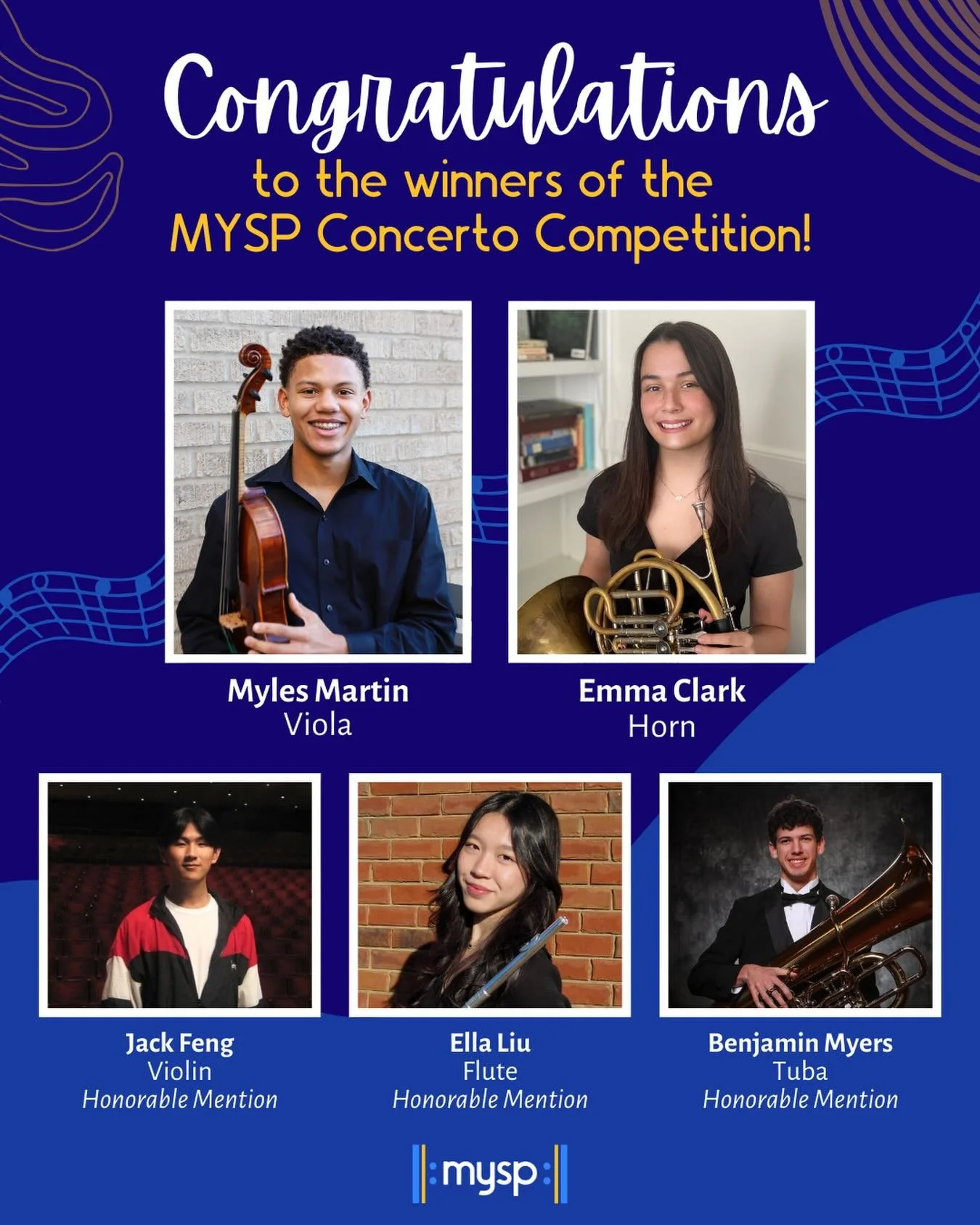 Congratulations to the winners of the 2025&ndash;2026 MYSP Concerto Competition! 🎉🎶

We are thrilled to announce that Myles Martin will perform as a soloist with the Youth Symphony and Emma Clark will perform as a soloist with the Repertory Orchest