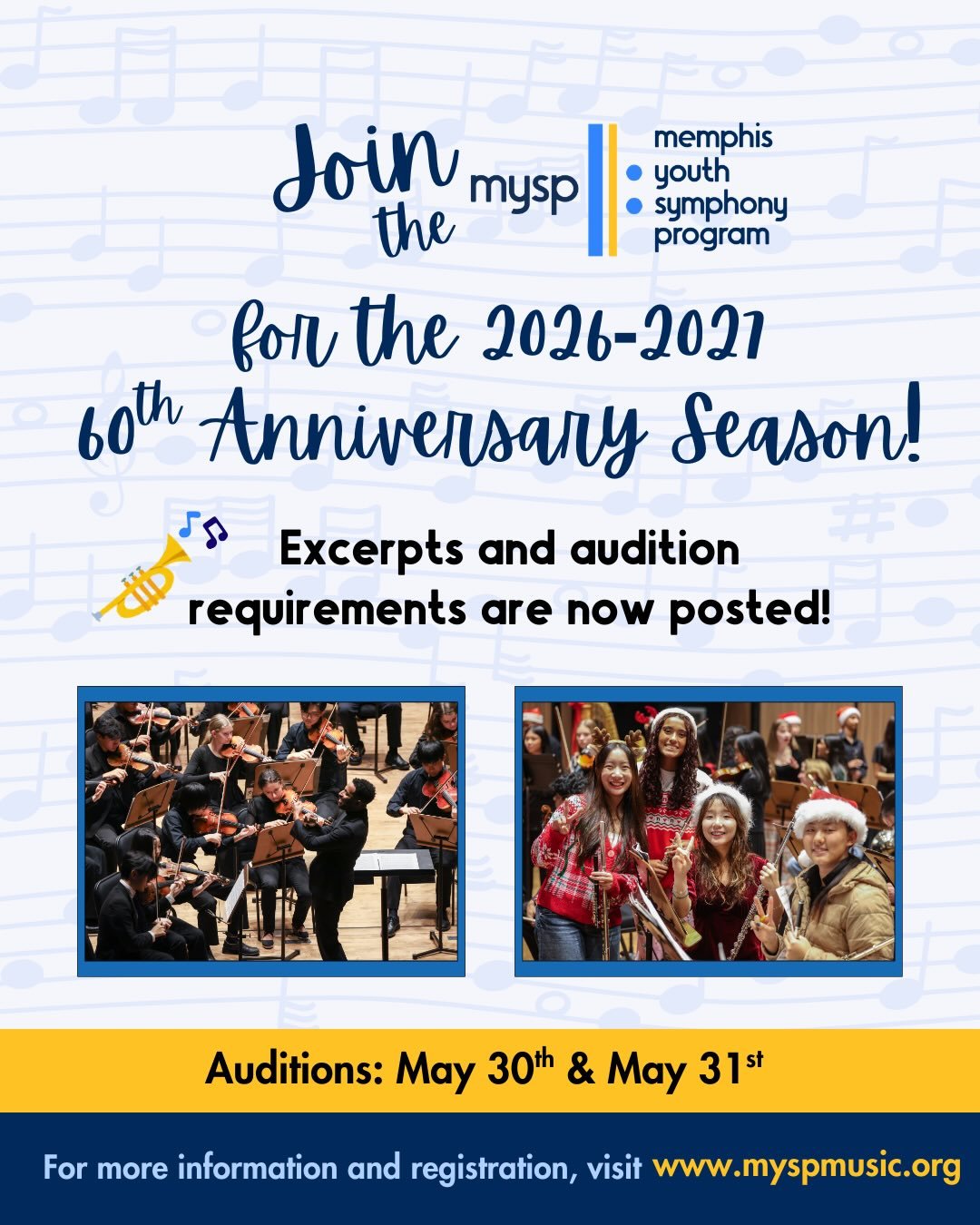Audition excerpts are now posted for the MYSP 2026&ndash;2027 60th Anniversary season! 🎉🎻🎶🎺

We welcome all students who wish to participate in any of our programs for next year to audition! The MYSP is a diverse group of roughly 350 talented stu