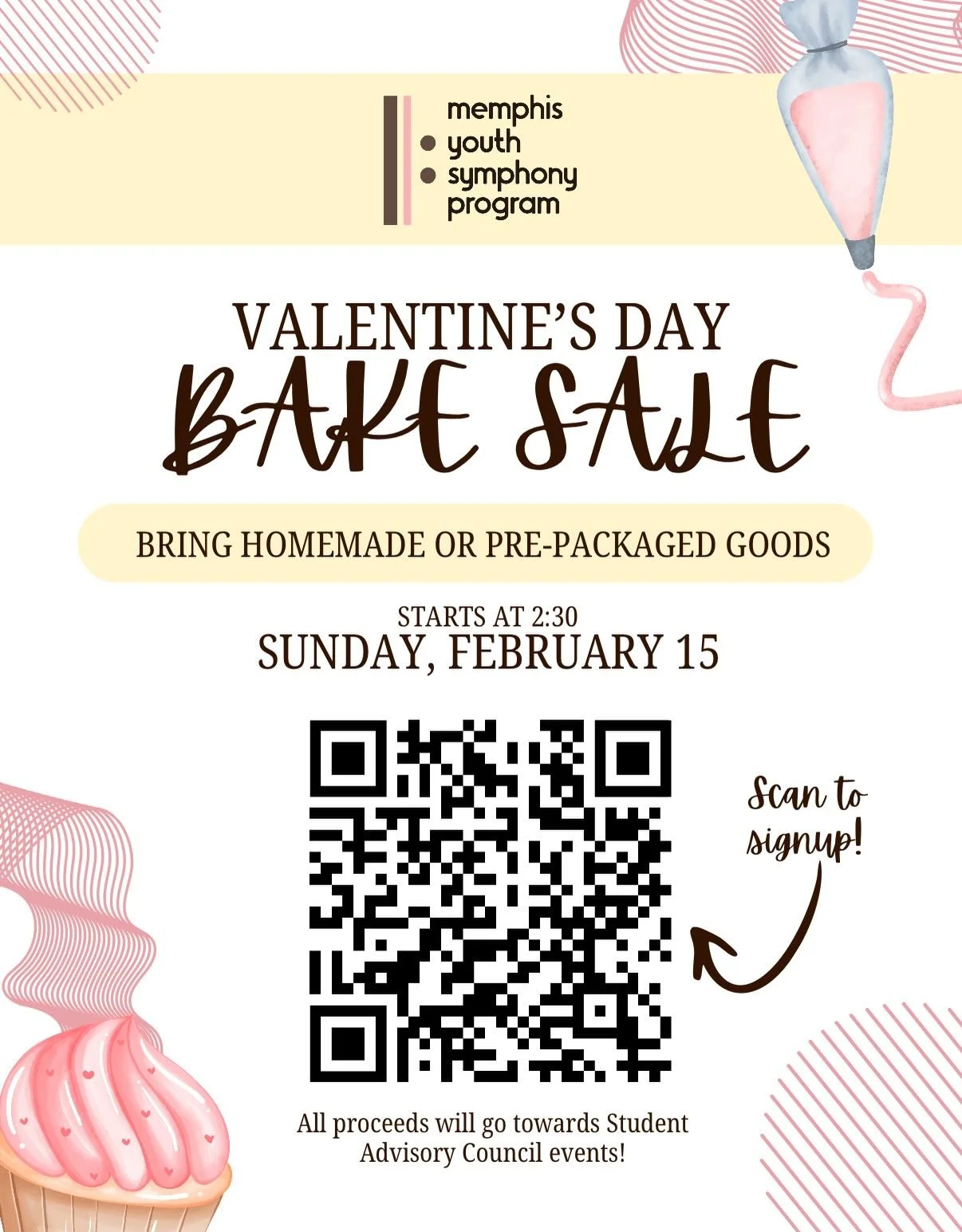 MYSP Valentine&rsquo;s Day bake sale tomorrow, hosted by the Student Advisory Council! 🍪💘 🎶

Calling all MYSP families! Help us spread the love (and the treats!) by signing up for the Valentine&rsquo;s Day Bake Sale!

What to bring: Homemade or st