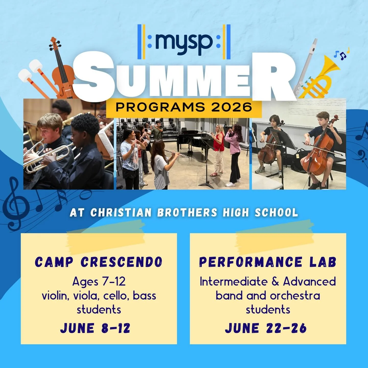 MYSP Summer Programs Are Here! ☀️🎶

We&rsquo;re excited to offer TWO summer music experiences for young musicians in 2026!

🎻 Camp Crescendo (June 8&ndash;12) A fun, engaging day camp for string players ages 7&ndash;12. Students build skills throug