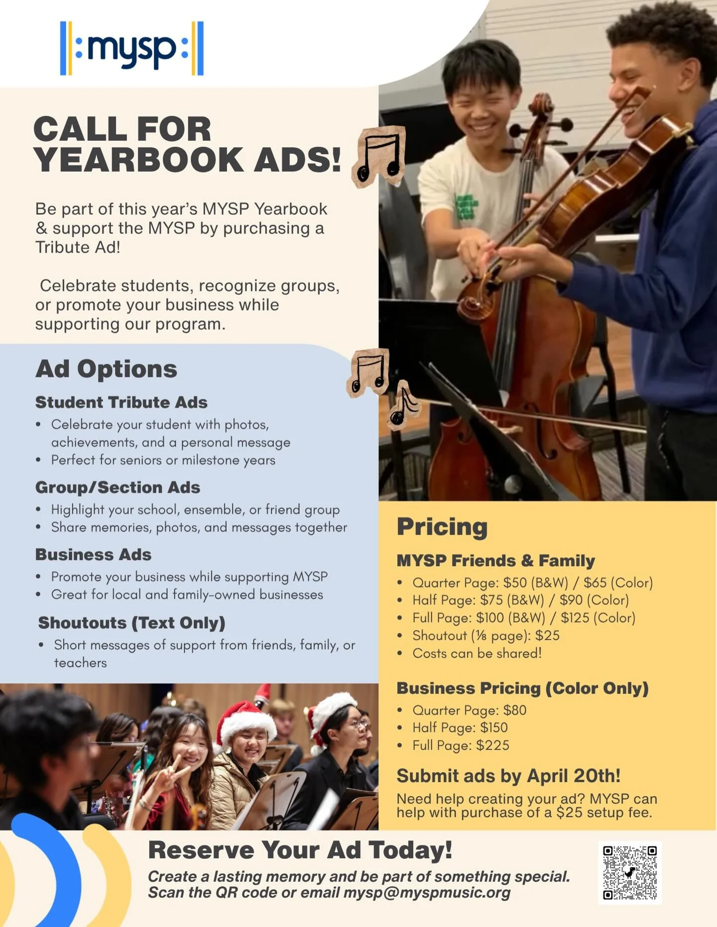 Families, students, and community supporters are invited to purchase MYSP Yearbook Tribute Ads! It&rsquo;s a meaningful way to celebrate students, highlight achievements, promote businesses, or recognize an entire section or school 💙

These pages be