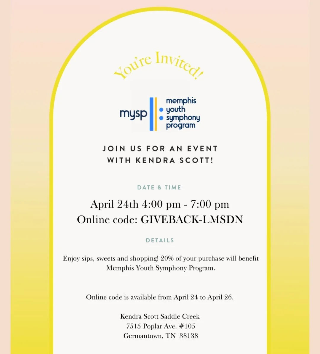 Join us for a special Kendra Scott Giveback Event on Friday, April 24th from 4&ndash;7 PM at Kendra Scott Saddle Creek in Germantown! 

Come shop and enjoy live music performed by MYSP students while giving back. 20% of your purchase will be donated 